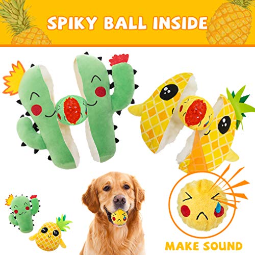 Dog Squeak Toys for Chewers - 2 Pack 2-in-1 Interactive Stuffed Plush Dog Toy with Surprise Ball Inside, Cute Durable Tug and Fetch Toys Pineapple and Cactus Pet Chew Toys for Small to Lagre Dogs