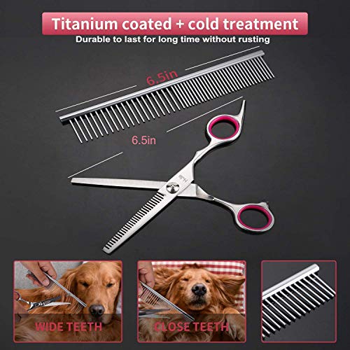 H-Jia Dog Grooming Scissors Set, Safety Round Blunt Tip Pet Grooming Kit-Straight, Curved, Thinning Shears with Comb Grooming Glove, Sharp Durable Grooming Tools for Large Small Dogs and Cats (5PCS)