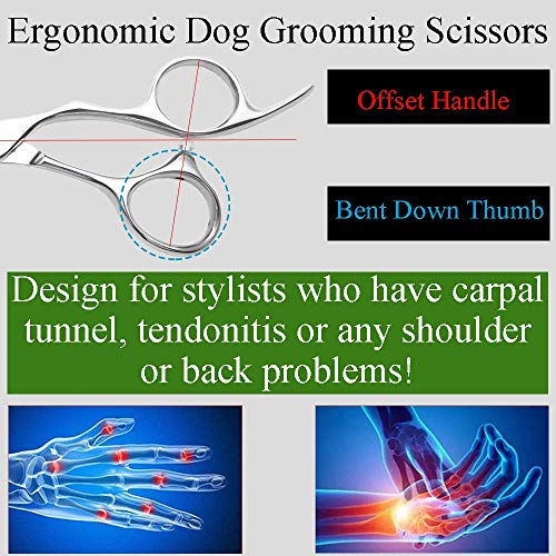 Professional Dog Grooming Curved Straight Thinning/Blending/Chunking Scissors Kit JP-440C Stainless Steel Pet Cat Hair Cutting/Trimming Shears Silver (8" (23-Tooth))