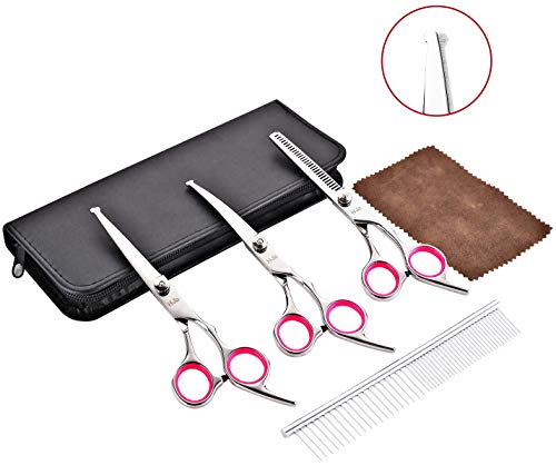 H-Jia Dog Grooming Scissors Set, Safety Round Blunt Tip Pet Grooming Kit-Straight, Curved, Thinning Shears with Comb Grooming Glove, Sharp Durable Grooming Tools for Large Small Dogs and Cats (5PCS)