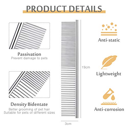 Boao Stainless Steel Pet Comb Pet Grooming Comb Rounded Teeth Dog Comb for Large, Medium and Small Dogs and Cats with Tangled Short/Long Hair, 19 x 3 cm