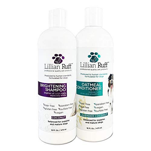 Lillian Ruff Brightening & Whitening Shampoo For Dogs â Safe for Cats - Tear Free Coconut Scent With Aloe For Normal, Dry & Sensitive Skin â Adds Shine & Luster to All Color Coats (Brightening & Oatmeal Conditioner Set)