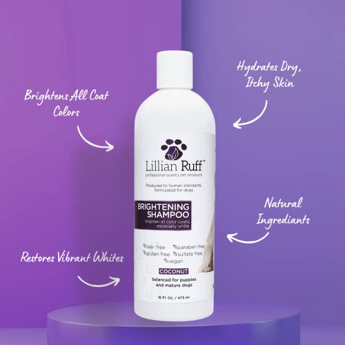 Lillian Ruff Brightening & Whitening Shampoo For Dogs â Safe for Cats - Tear Free Coconut Scent With Aloe For Normal, Dry & Sensitive Skin â Adds Shine & Luster to All Color Coats (Brightening & Oatmeal Conditioner Set)