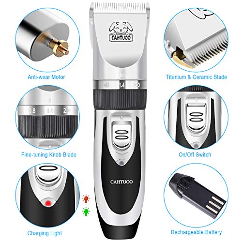 CAHTUOO Dog Clippers,Professional Dog Grooming Clippers Kit Rechargeable Quiet Pet Shaver Cordless Dog Cat Hair Trimmer with Scissor,Guards,Combs for Dogs Cats Other Animals- Silver (Upgrade Version)