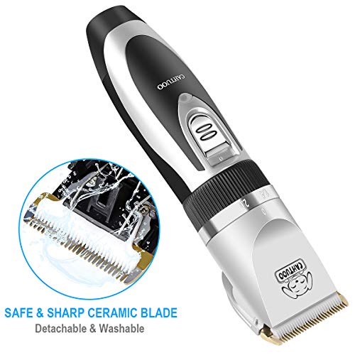 CAHTUOO Dog Clippers,Professional Dog Grooming Clippers Kit Rechargeable Quiet Pet Shaver Cordless Dog Cat Hair Trimmer with Scissor,Guards,Combs for Dogs Cats Other Animals- Silver (Upgrade Version)