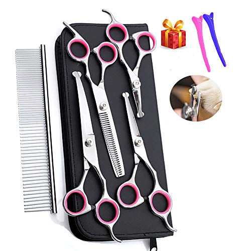 Dog Grooming Scissors kit with Safety Round End, Pet Grooming Trimmer Set with Blunt Tip-Thinning, Straight, Curved Shears tool with Comb, Nail Cliper and Nail File for Long Short Fur of Cat and Puppy