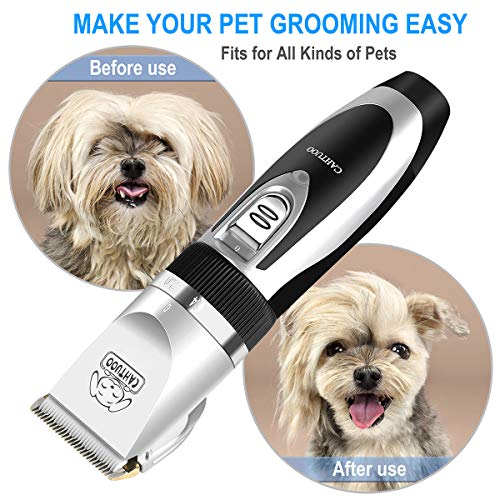CAHTUOO Dog Clippers,Professional Dog Grooming Clippers Kit Rechargeable Quiet Pet Shaver Cordless Dog Cat Hair Trimmer with Scissor,Guards,Combs for Dogs Cats Other Animals- Silver (Upgrade Version)
