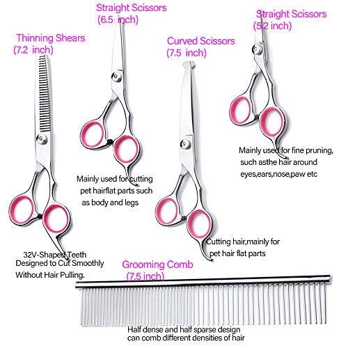 Dog Grooming Scissors kit with Safety Round End, Pet Grooming Trimmer Set with Blunt Tip-Thinning, Straight, Curved Shears tool with Comb, Nail Cliper and Nail File for Long Short Fur of Cat and Puppy