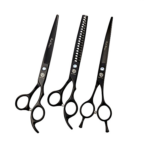 Purple Dragon 7.0 inch Professional Dog Grooming Hair Cutting Scissor &Curved Scissor&Chunker Shear Kit with Bag - for Pet Groomer or Family DIY Pet Use