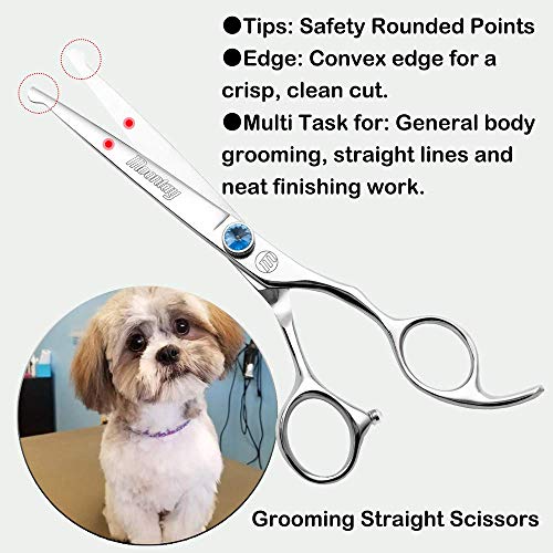 Moontay Professional Dog Grooming Straight, Curved, Thinning/Blending/Chunking Scissors Kit, JP-440C Stainless Steel Pet Cat Hair Cutting/Trimming Shears, Silver