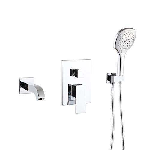 POP Polished Chrome Wall Mounted Tub Faucet with Hand Shower Bathroom Wall Mount Tub Filler Spout Single Handle Solid Brass Bathtub Faucet with Handheld Shower for Bath