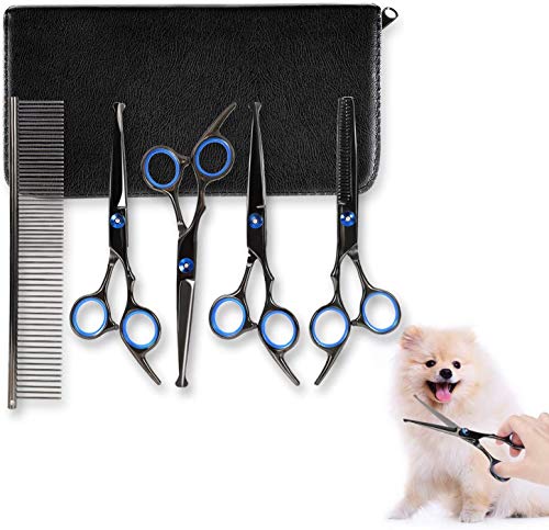 Dog Grooming Scissors Kit, Stainless Steel Fast Cut Pet Grooming Scissors Set, Safety Round Tip Thinning, Straight, Curved Shear with Grooming Comb for Cutting Hair of Dog, Cat or Other Pet