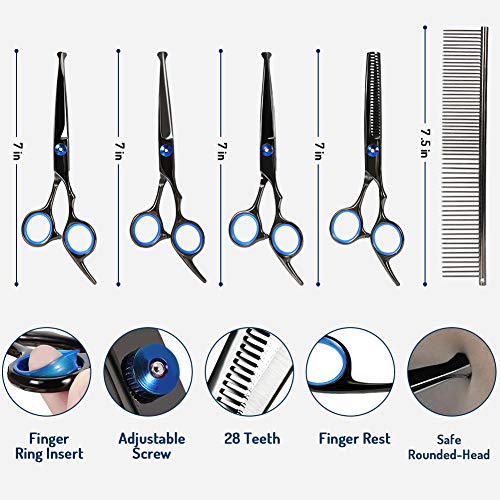 Dog Grooming Scissors Kit, Stainless Steel Fast Cut Pet Grooming Scissors Set, Safety Round Tip Thinning, Straight, Curved Shear with Grooming Comb for Cutting Hair of Dog, Cat or Other Pet