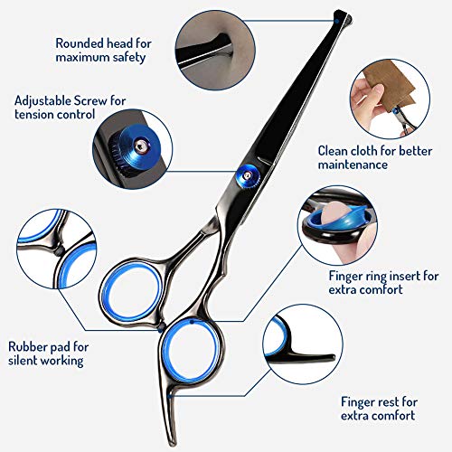 Dog Grooming Scissors Kit, Stainless Steel Fast Cut Pet Grooming Scissors Set, Safety Round Tip Thinning, Straight, Curved Shear with Grooming Comb for Cutting Hair of Dog, Cat or Other Pet