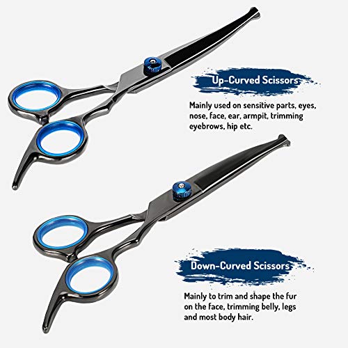 Dog Grooming Scissors Kit, Stainless Steel Fast Cut Pet Grooming Scissors Set, Safety Round Tip Thinning, Straight, Curved Shear with Grooming Comb for Cutting Hair of Dog, Cat or Other Pet