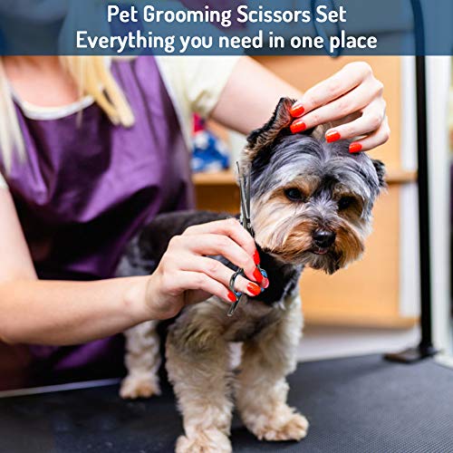 Dog Grooming Scissors Kit, Stainless Steel Fast Cut Pet Grooming Scissors Set, Safety Round Tip Thinning, Straight, Curved Shear with Grooming Comb for Cutting Hair of Dog, Cat or Other Pet