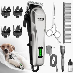 AIBORS Dog Clippers for Grooming for Thick Coats Heavy Duty Low Noise Rechargeable Cordless Pet Hair Grooming Clippers, Professional Dog Grooming Kit Dog Trimmer Shaver for Dogs Cats Pets (Silver)