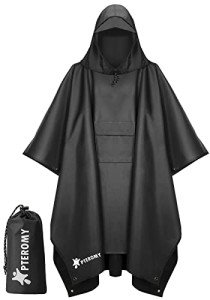 PTEROMY Waterproof Hooded Rain Poncho - Black