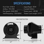 iPower 4 Inch 195 CFM Inline Fan Circulation Vent Blower, Air Carbon Filter, 8 Feet PVC Ducting and 1-Pair Rope for Grow Tent Ventilation, Low Noise