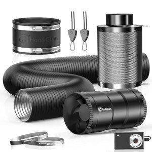 Hon&Guan 4" Air Filtration Kit: 4 Inch Inline Duct Fan with Speed Controller, 10" High Carbon Filter, 8 Ft Ducting & Rubber Coupler, Ventilation System for Grow Tents, Indoor Gardening, Hydroponics