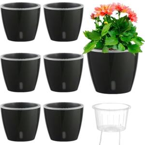 KvyusFlourish Self-Watering Pots for Indoor Plants, 6-Pack 6.7'' Self Watering Planter with Drainage Holes, Small African Violet Pots with Water Indicator, Clear Wick Pot, Black