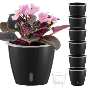 KvyusFlourish Self-Watering Pots for Indoor Plants, 6-Pack 6.7'' Self Watering Planter with Drainage Holes, Small African Violet Pots with Water Indicator, Clear Wick Pot, Black