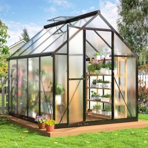 VIWAT 6x7.5 FT Greenhouse for Outdoors, Polycarbonate Greenhouse with Quick Setup Structure and Roof Vent, Aluminum Large Walk-in Greenhouse for Outside Garden Backyard, Black, VGH0607BG