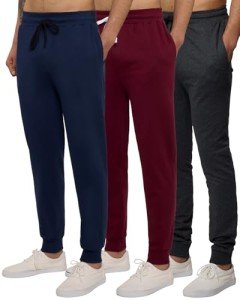 Real Essentials Mens Joggers Sweatpants Fleece Pants Sweat Clothing Pockets Baggy Elastic Cuffed Workout Bottom Athletic Soft Warm Winter Jogging Gym Active Track Work Tapered, Set 4, S, Pack of 3