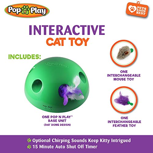 Pop N Play Interactive Motion Cat Toy, Includes: Electronic Smart Random Moving Feather & Mouse Teaser, Mouse Squeak Sound Optional & Auto Shut Off. Best Cat Toy Ever!