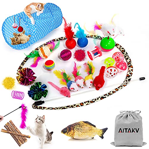 AILUKI 29 PCS Cat Toys Kitten Toys Assortments, Variety Catnip Toy Set Including 2 Way Tunnel,Cat Feather Teaser,Catnip Fish,Mice,Colorful Balls and Bells for Cat,Puppy,Kitty