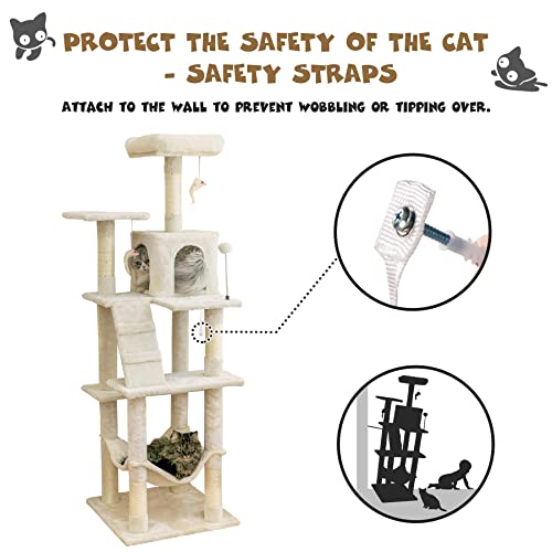 MWPO 63.8 inches Multi-Level Cat Tree for Large Cats with Sisal-Covered Scratching Posts, Padded Platform, Hammock and Condo,Stable Cat Tower Cat Condo Pet Play House-Beige