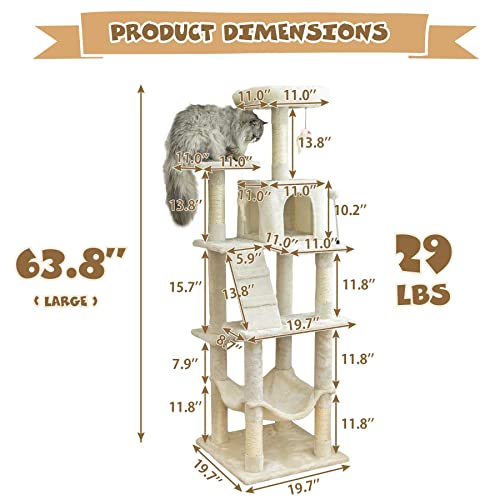 MWPO 63.8 inches Multi-Level Cat Tree for Large Cats with Sisal-Covered Scratching Posts, Padded Platform, Hammock and Condo,Stable Cat Tower Cat Condo Pet Play House-Beige