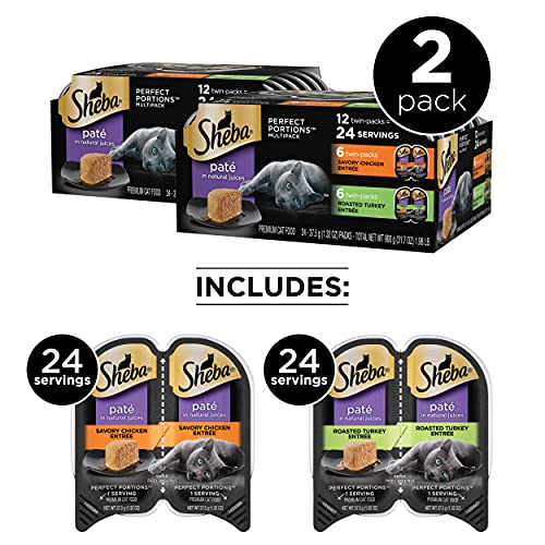 SHEBA PERFECT PORTIONS Soft Wet Cat Food Paté Savory Chicken Entrée and Roasted Turkey Entrée Multipack, Easy Peel Twin-Pack Trays, 48 Count