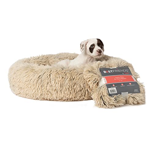 Best Friends by Sheri Bundle Savings - The Original Calming Shag Donut Cuddler Dog Bed in Small 23"" x 23"" and Pet Throw Blanket in 30"" x 40"", Taupe. (BND-DBT-SHG-TAU-23SM)