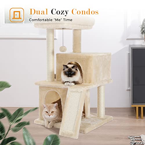 PAWZ Road Cat Tree Luxury Cat Tower with Double Condos, Spacious Perch, Fully Wrapped Scratching Sisal Posts and Replaceable Dangling Balls Beige