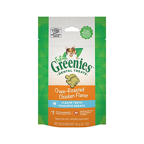 FELINE GREENIES Natural Dental Care Cat Treats Oven Roasted Chicken Flavor, 2.5 oz. Pouch