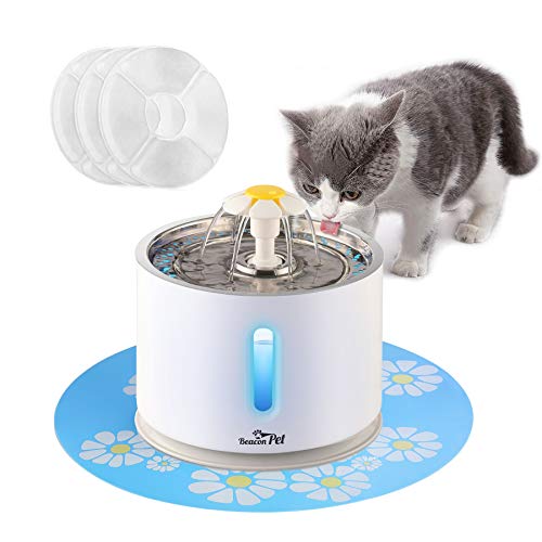 Beacon Pet Cat Water Fountain Stainless Steel, LED 81oz/2.4L Automatic Pet Fountain Dog Water Dispenser with 3 Replacement Filters & 1 Silicone Mat for Cats Dogs Multiple Pets