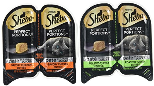 SHEBA PERFECT PORTIONS Soft Wet Cat Food Paté Savory Chicken Entrée and Roasted Turkey Entrée Multipack, Easy Peel Twin-Pack Trays, 48 Count