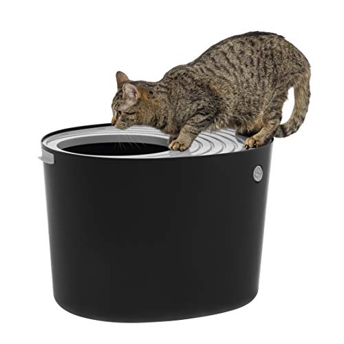 IRIS USA Top Entry Cat Litter Box with Cat Litter Scoop, Black & Gray PUNT-530