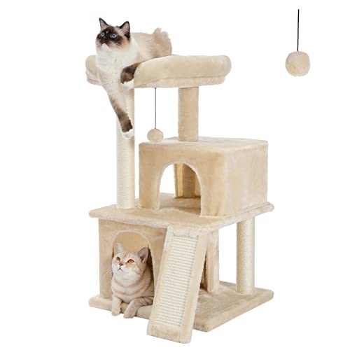 PAWZ Road Cat Tree Luxury Cat Tower with Double Condos, Spacious Perch, Fully Wrapped Scratching Sisal Posts and Replaceable Dangling Balls Beige