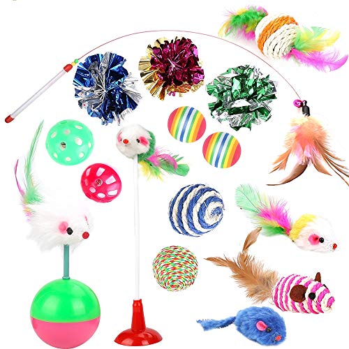 Cat Toys Kitten Toys Assortments, 16PCS Variety Kitty Toy Set Including Interactive Feather Teaser Toy, Mouse Tumbler, Mylar Crinkle Balls Rainbow Balls Bells Toys, for Chewing Playing (Random Color)