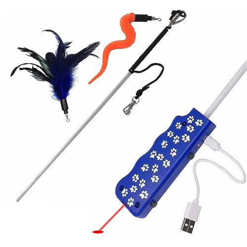 Pet Fit For Life Rechargeable Chaser Light Cat Feather Teaser Toy and Interactive Squiggly Worm Kitten Wand Combo W/Bird Chirping Call to Action