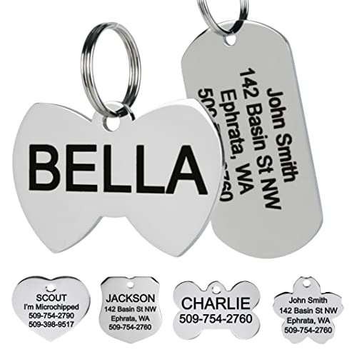 GoTags Stainless Steel Pet ID Tags, Personalized Dog Tags and Cat Tags, up to 8 Lines of Custom Text Engraved on Both Sides, in Bone, Round, Heart, Bow Tie, Flower, Star and More (Bowtie, Regular)