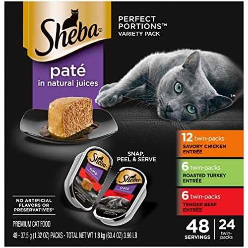 SHEBA PERFECT PORTIONS Soft Wet Cat Food Paté in Natural Juices Savory Chicken, Roasted Turkey, & Tender Beef Entrées Variety Pack, (24) 2.6 oz. Easy Peel Twin-Pack Trays
