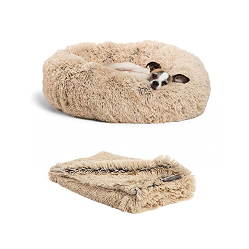 Best Friends by Sheri Bundle Savings - The Original Calming Shag Donut Cuddler Dog Bed in Small 23"" x 23"" and Pet Throw Blanket in 30"" x 40"", Taupe. (BND-DBT-SHG-TAU-23SM)