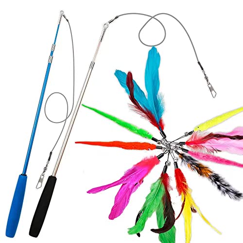 JIARON Feather Teaser Cat Toy, 2PCS Retractable Cat Wand Toys and 10PCS Replacement Teaser with Bell Refills, Interactive Catcher Teaser and Funny Exercise for Kitten or Cats.