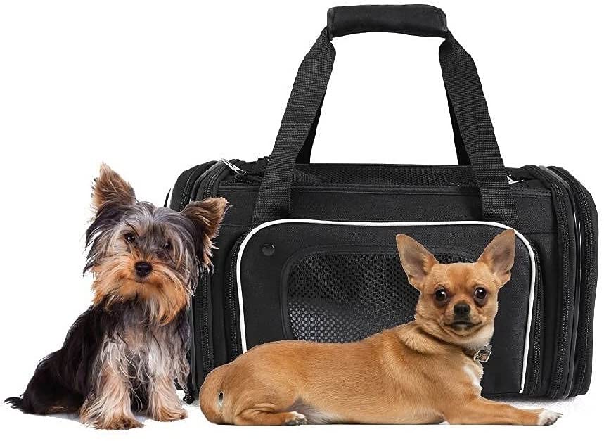 Smiling Paws Pets 4-Way Expandable Airline Approved Soft Sided Pet Carrier, Pet Travel TSA Carrier Bag for Cats, Puppies & Animals, Collapsible Kennel, Airplane, Car & Train Travel, 17x11x9 L/W/H (XS)