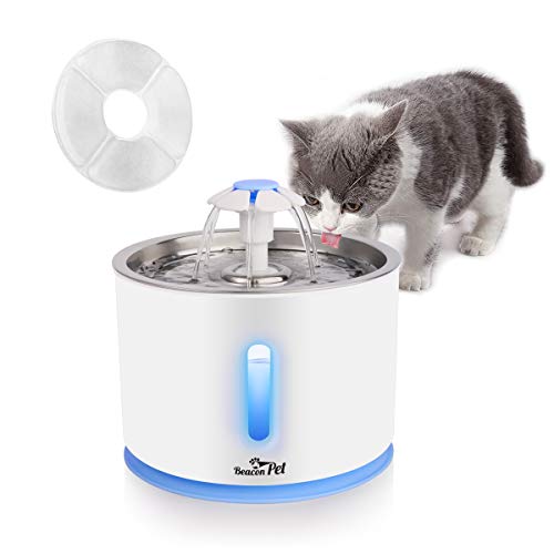 Beacon Pet Cat Water Fountain Stainless Steel, LED 81oz/2.4L Automatic Pet Fountain Dog Water Dispenser with 1 Replacement Filters for Cats Dogs Birds