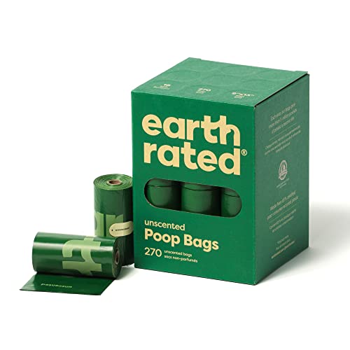 Earth Rated Dog Poop Bags, 270 Extra Thick and Strong Poop Bags for Dogs, Guaranteed Leak-proof, Unscented, 18 Rolls, 15 Doggy Bags Per Roll, Each Dog Poop Bag Measures 9 x 13 Inches