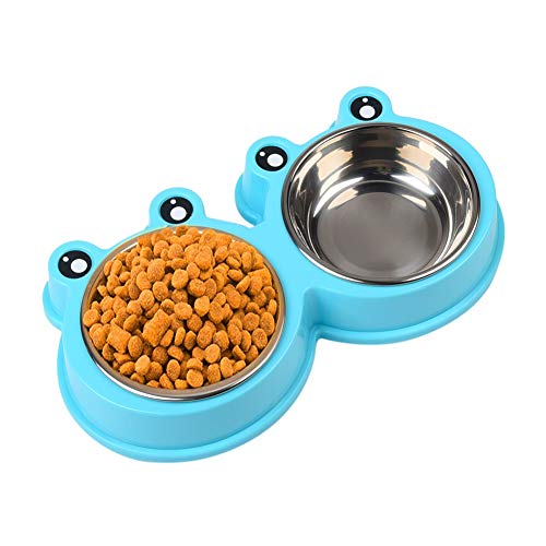 Double Dog Cat Bowl Stainless Steel Detachable Water and Food Feeder Bowl Plastic Non-Slip Cartoon Frog Base for Feeding Small Medium Cats and Dogs Puppies Pets